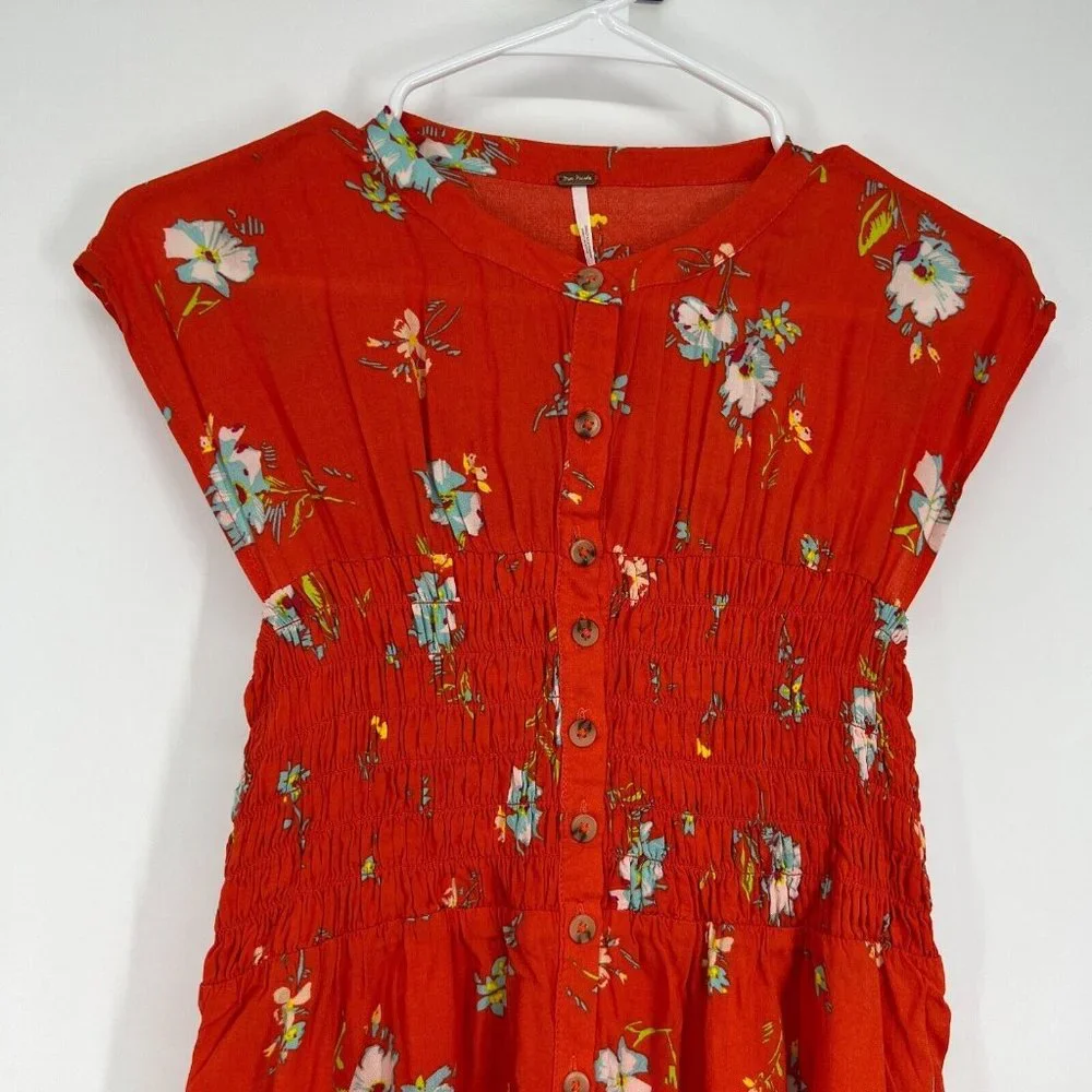 Free People Dress Greatest Day Smocked Button Down Orange Floral Mini